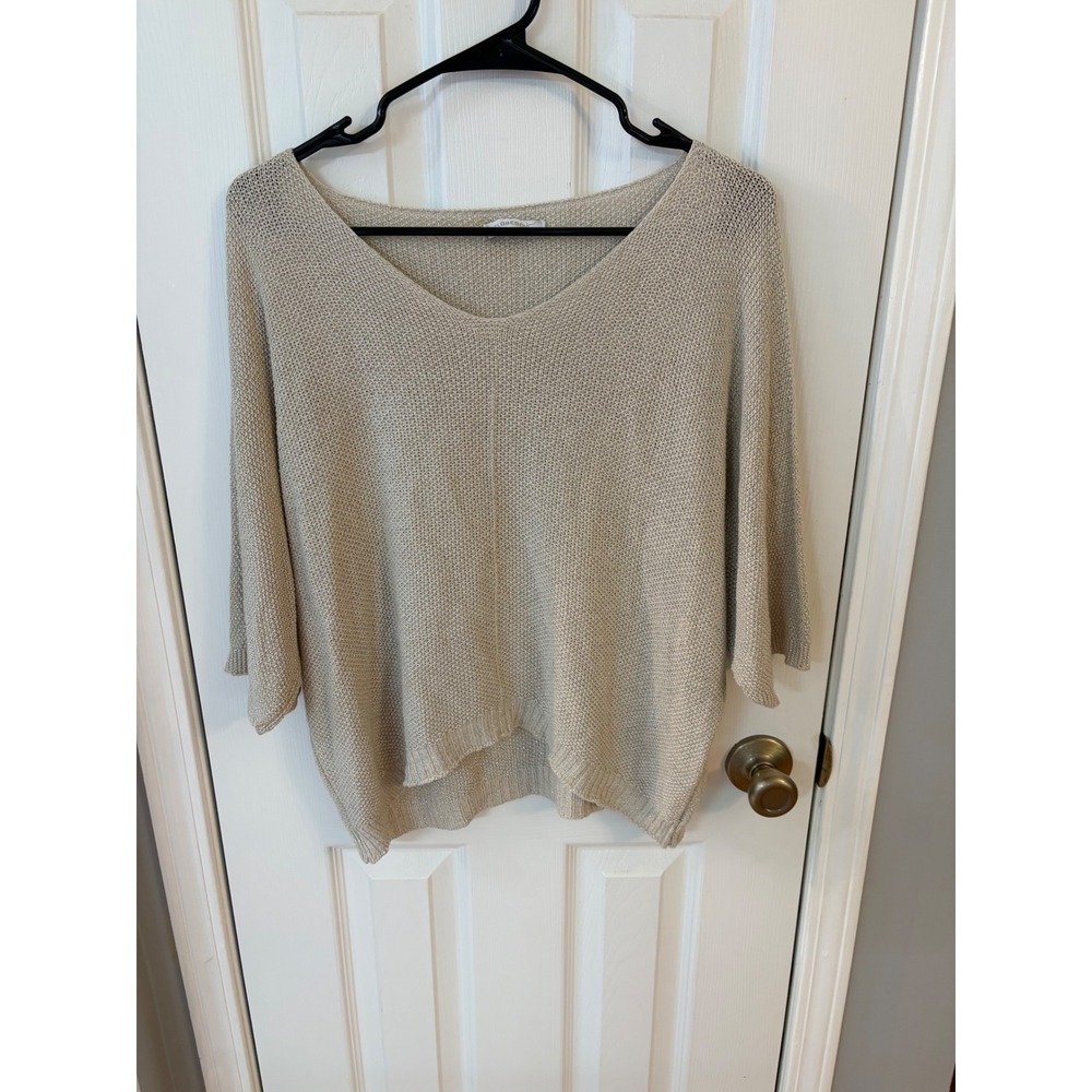 Florencia Sweater Womens L Beige Silver Metallic V-Neck Dolman Sleeve Oversized